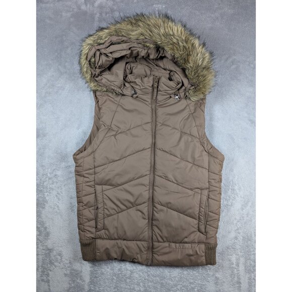 Jonathan Stone Puffer Vest Girls Large 14 16 Brown Faux Fur Hood Casual Preppy - Picture 1 of 7